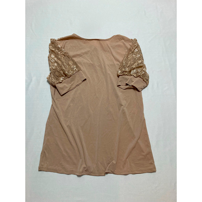 NY Collection Short Puff Sleeve Top with Lace Sleeves and Yoke L