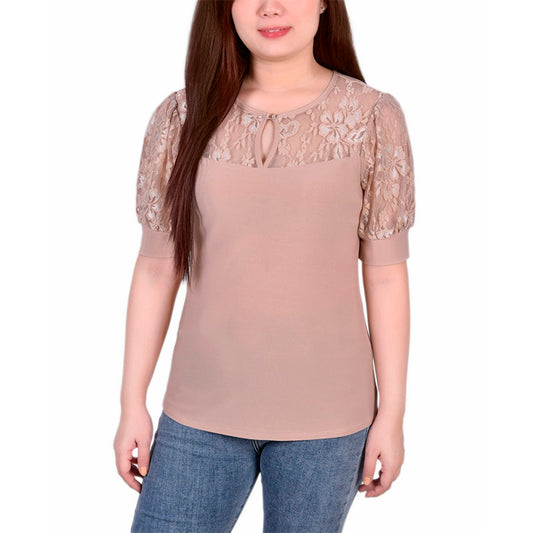 NY Collection Short Puff Sleeve Top with Lace Sleeves and Yoke L