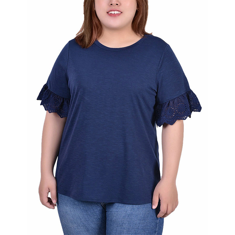 NY Collection Plus Size Short Bell Sleeve Slubbed Top Navy 3X