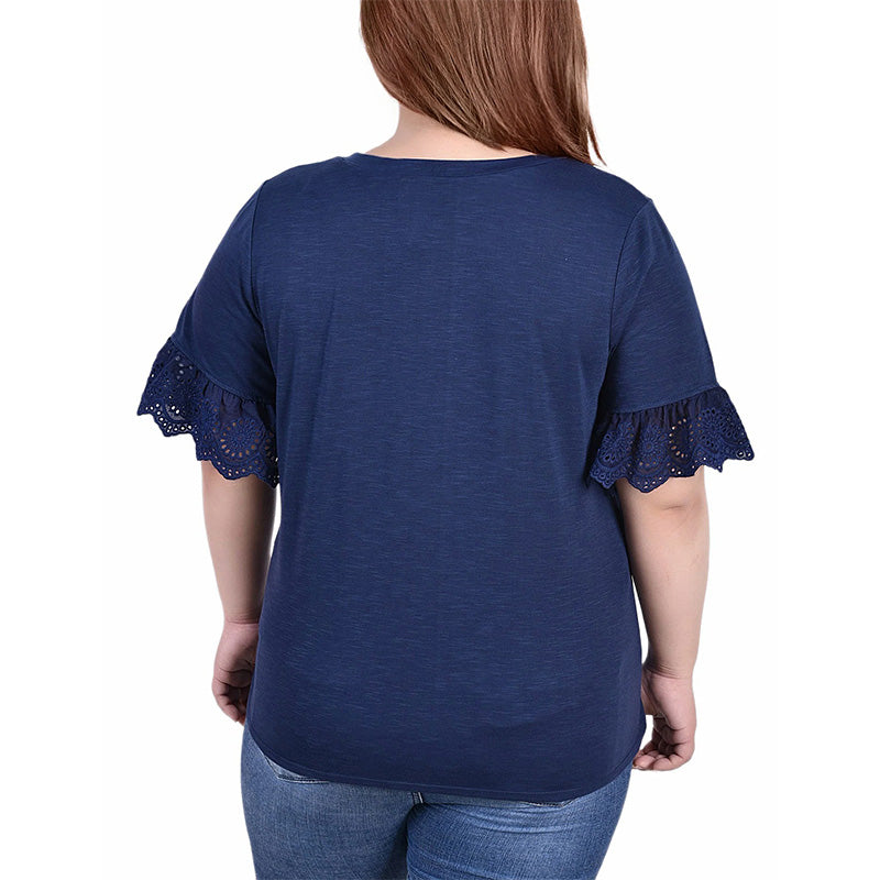 NY Collection Plus Size Short Bell Sleeve Slubbed Top Navy 3X
