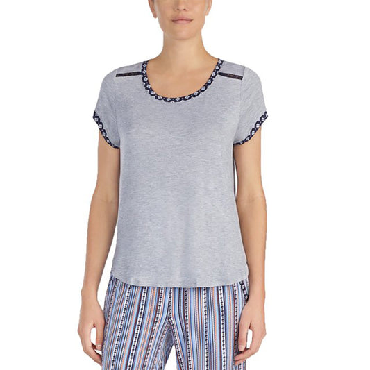Layla Womens Contrast-Trim Lace Detail Pajama Top Grey Heather XL
