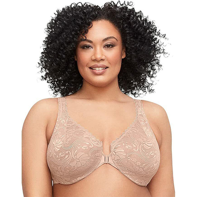 Glamorise Full Figure Wonderwire Front Close Stretch Lace Bra Beige 30D
