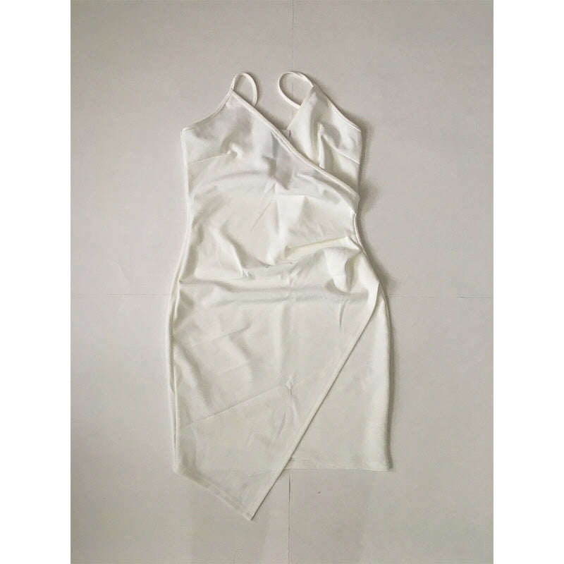 Verdusa Sexy Ruched Side Asymmetrical V Neck Bodycon Cami Dress White S