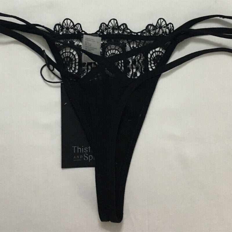 Thistle and Spire Willow Embroidery Strappy Lace Thong Black M