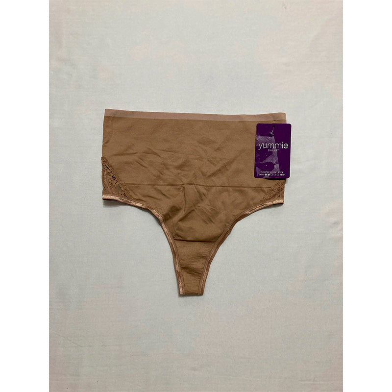 Yummie  Ultralight Seamless Lace Insert Shapewear Thong Panties Almond M-L