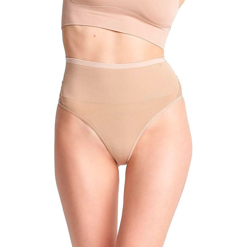Yummie  Ultralight Seamless Lace Insert Shapewear Thong Panties Almond M-L