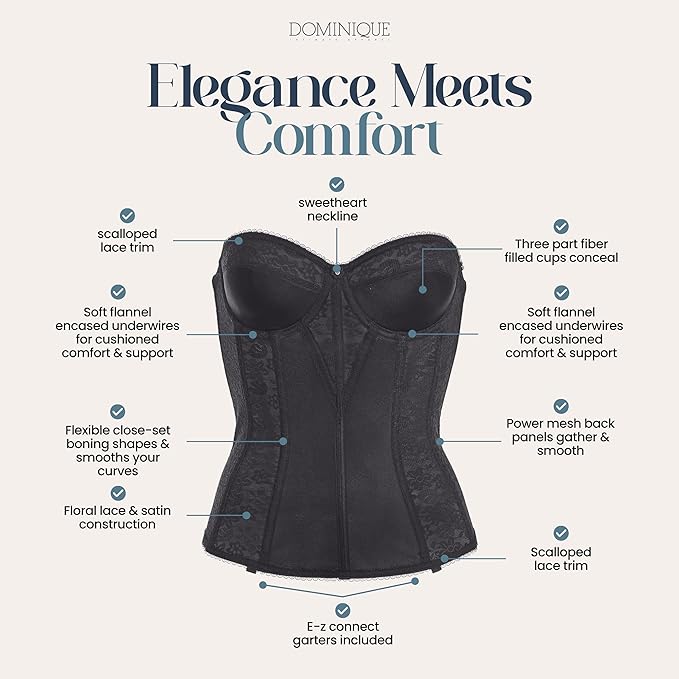 DOMINIQUE Lace Longline Corset Bra Strapless Seamless Full Support BLACK 40D