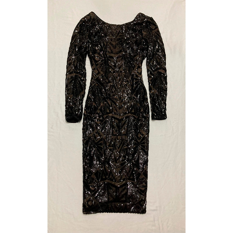 Dress the Population Emery Long Sleeve Stretch Sequin Midi Sheath Dress Black M