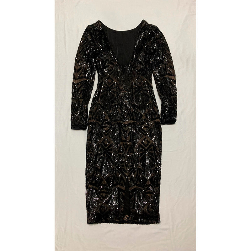 Dress the Population Emery Long Sleeve Stretch Sequin Midi Sheath Dress Black M