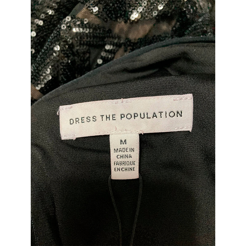 Dress the Population Emery Long Sleeve Stretch Sequin Midi Sheath Dress Black M