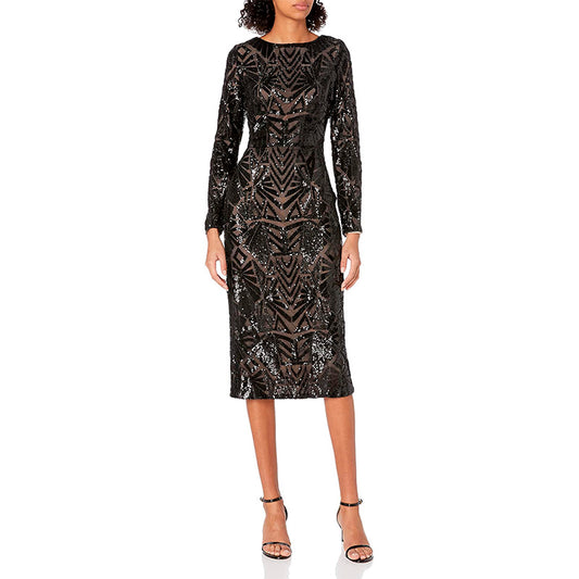 Dress the Population Emery Long Sleeve Stretch Sequin Midi Sheath Dress Black M