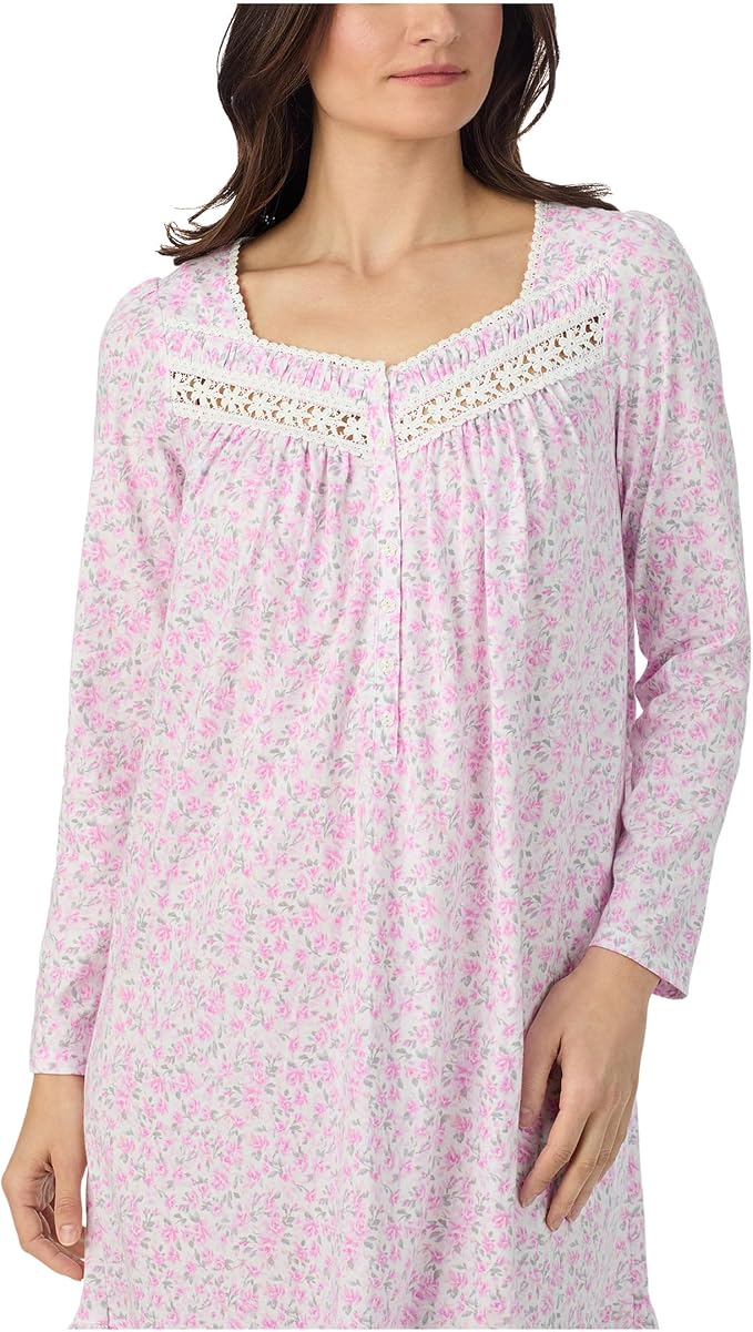 EILLEN WEST Cotton Knit Long Sleeve Short Nightgown PINK ROSEBUD XS