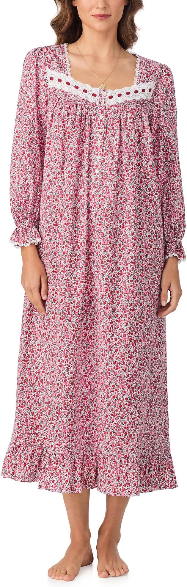 EILEEN WEST Cotton Lawn Ballet Long Sleeve Nightgown WHITE GROUND HOLIDAY M