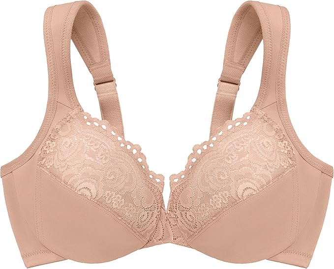 GLAMORISE Plus Size Low Cut Wonderwire Lace Bra Underwire CAFÉ 46C