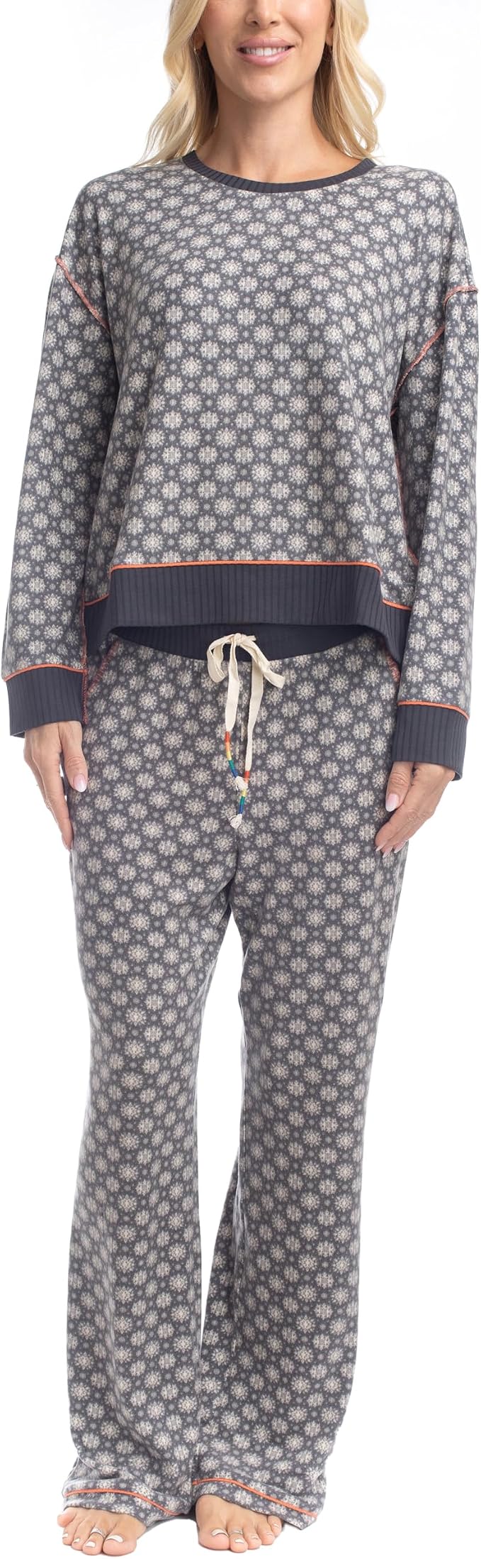 OCEAN PACIFIC Soft Long Sleeve Fleece and Open Leg Pants Pajama set BLACK M