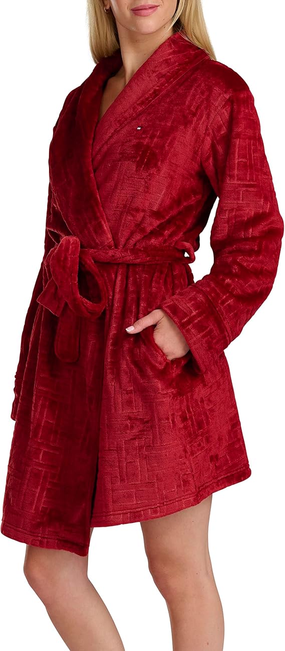 TOMMY HILFIGER Debossed Long Sleeve Plush Robe RED S/M
