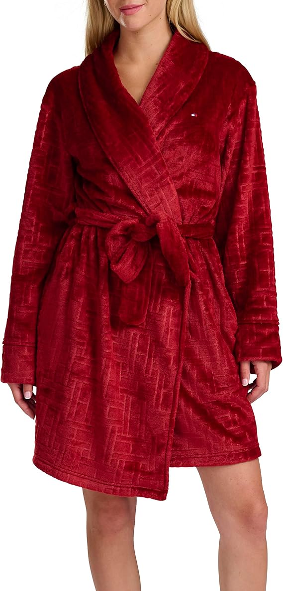TOMMY HILFIGER Debossed Long Sleeve Plush Robe RED S/M