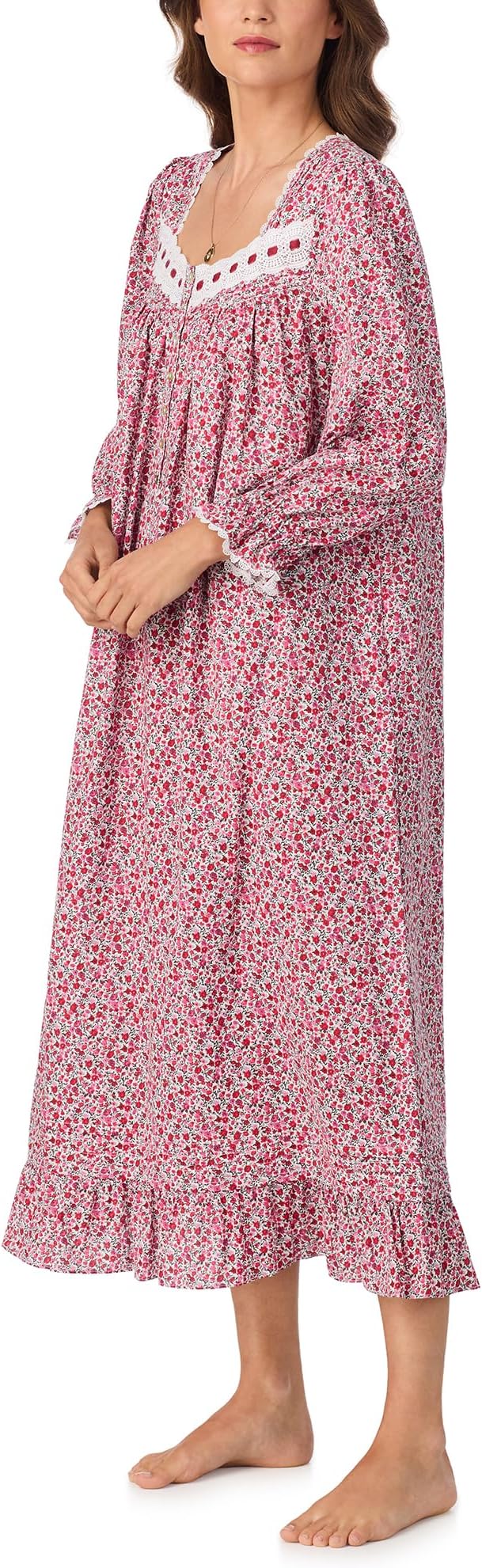EILEEN WEST Cotton Lawn Ballet Long Sleeve Nightgown WHITE GROUND HOLIDAY M