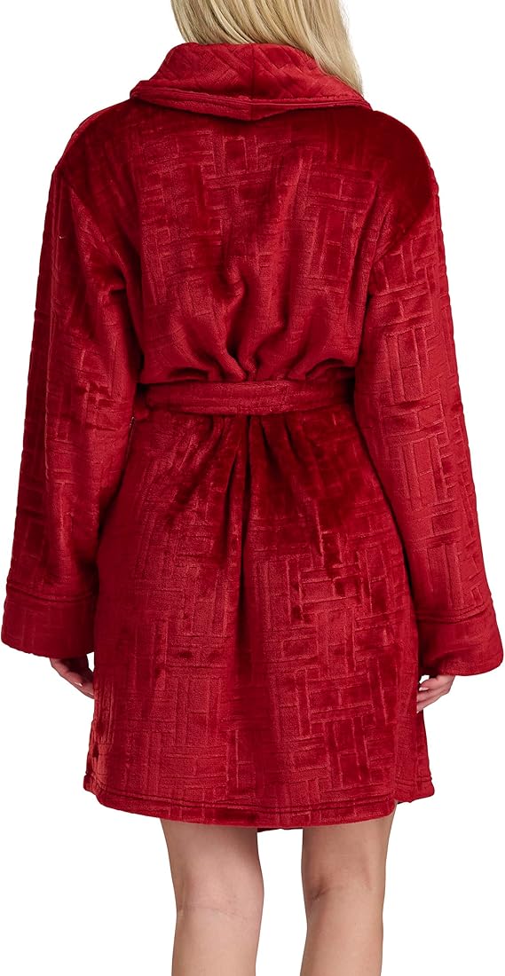 TOMMY HILFIGER Debossed Long Sleeve Plush Robe RED S/M