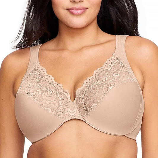 GLAMORISE Plus Size Low Cut Wonderwire Lace Bra Underwire CAFÉ 46C