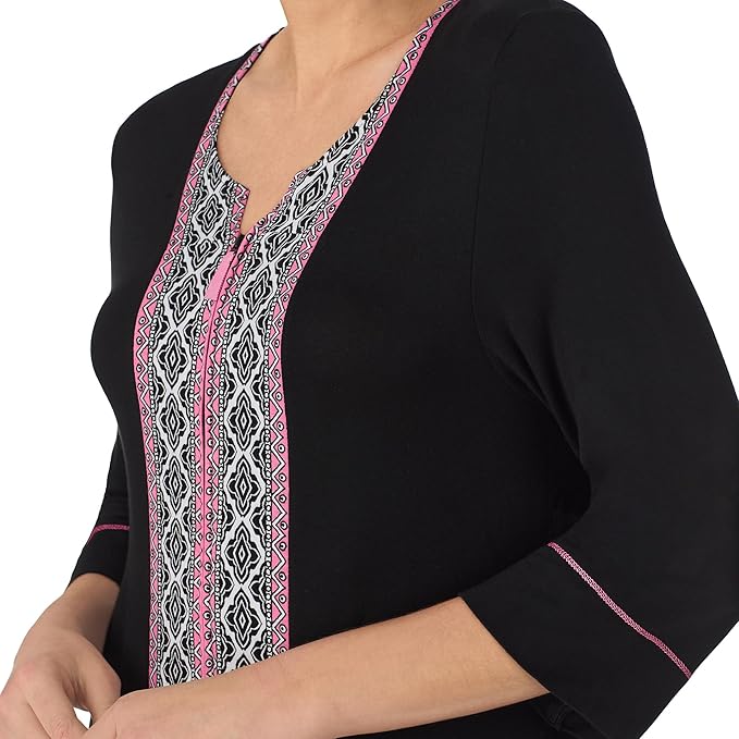 ELLEN TRACY Robe - Soft Stretch Jersey 3/4 Sleeve Zip Front Lounge Robe BLACK M