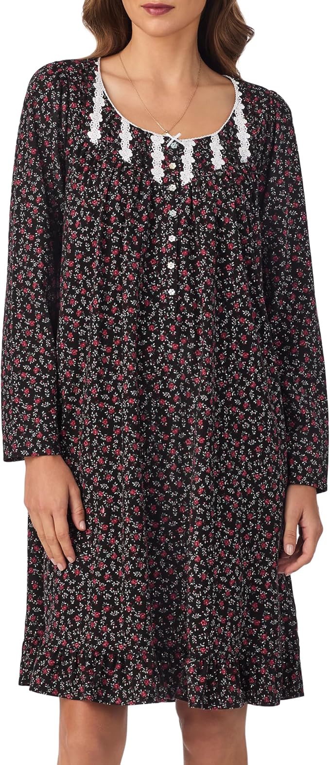 EILEEN WEST Long Sleeve Short Nightgown BLACK