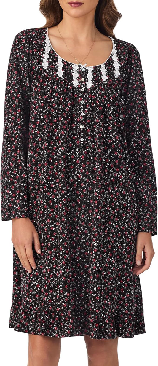 EILEEN WEST Long Sleeve Short Nightgown BLACK