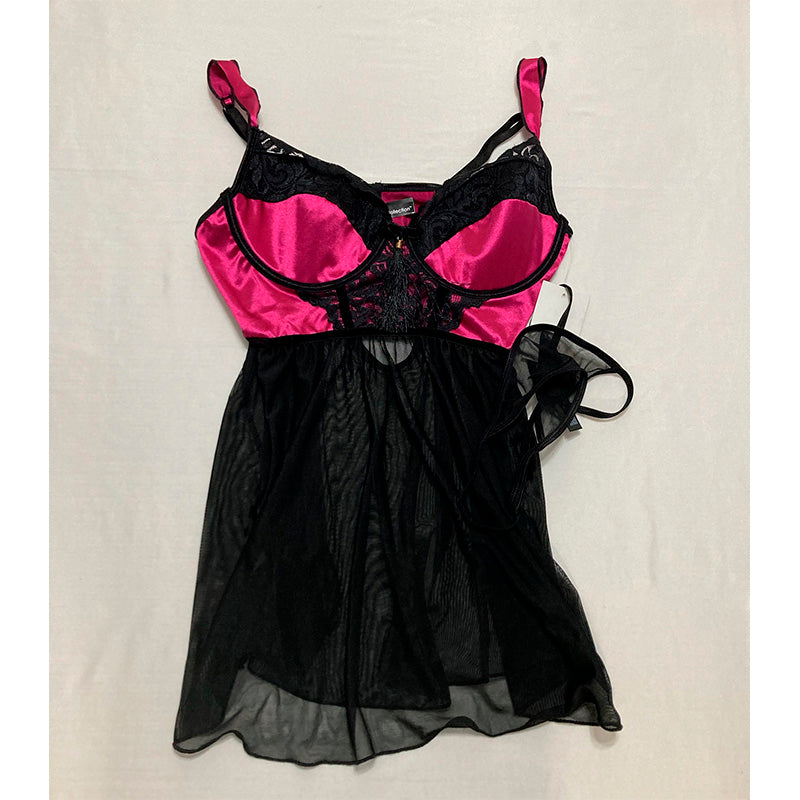 iCollection Lace and Satin Babydoll 2pc Lingerie Set Wine L