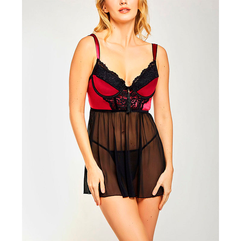 iCollection Lace and Satin Babydoll 2pc Lingerie Set Wine L