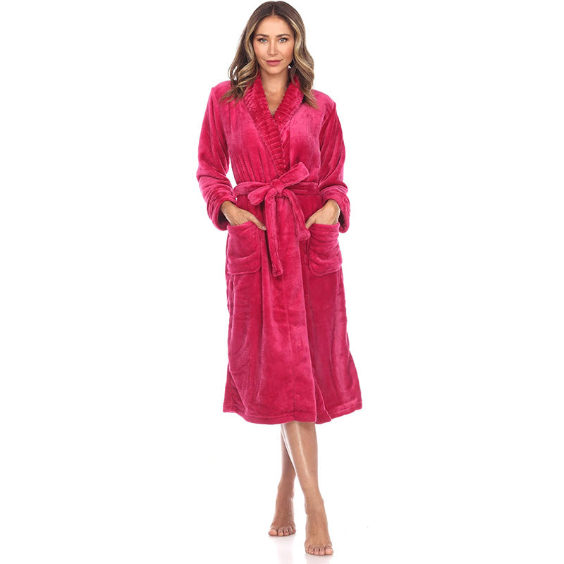 White Mark  Super Soft Cozy Lounge Robe with Pockets Burgundy S/M