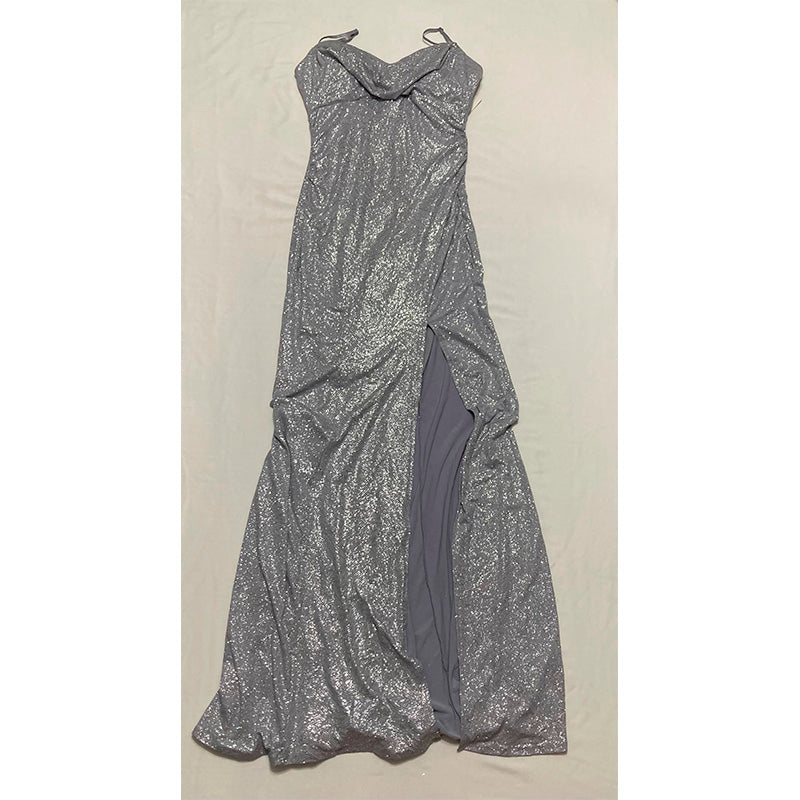 Emerald Sundae Juniors' Glitter Draped Front Gown Silver M