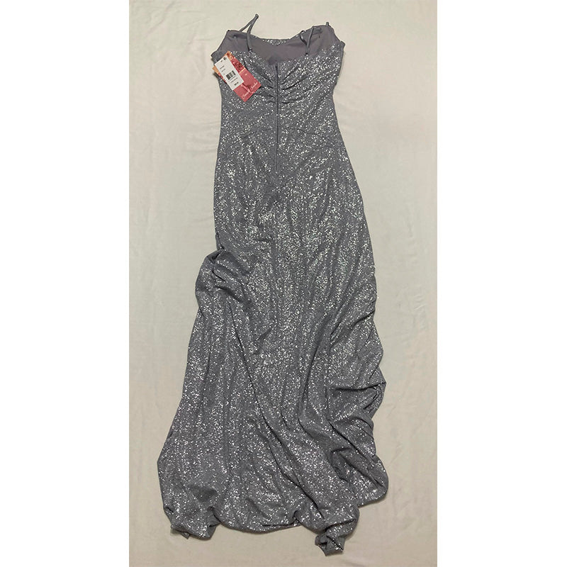 Emerald Sundae Juniors' Glitter Draped Front Gown Silver M