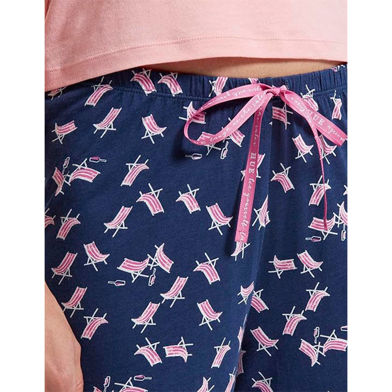 HUE Women's Basic Printed Knit Capri Pajama Sleep Pant BEACH CHAIR L
