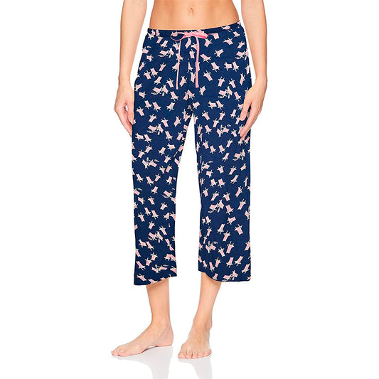 HUE Women's Basic Printed Knit Capri Pajama Sleep Pant BEACH CHAIR L