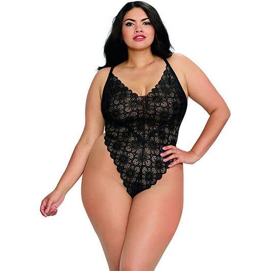 Dreamgirl Lace Teddy and Sheer Wraparound Skirt Black 2X