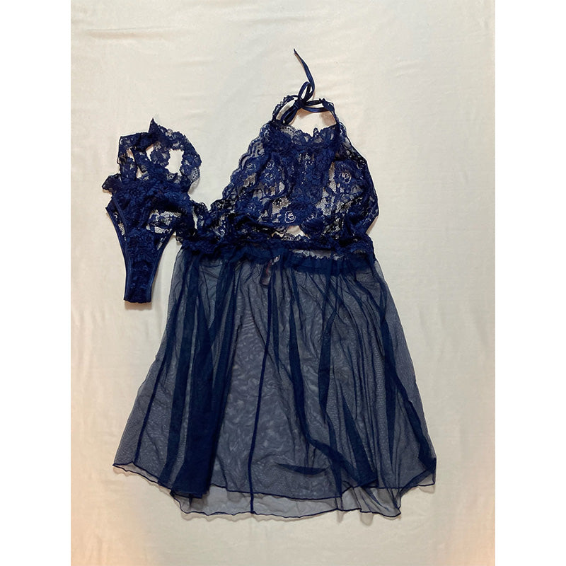 Dreamgirl Stretch Lace and Mesh Babydoll Navy One Size