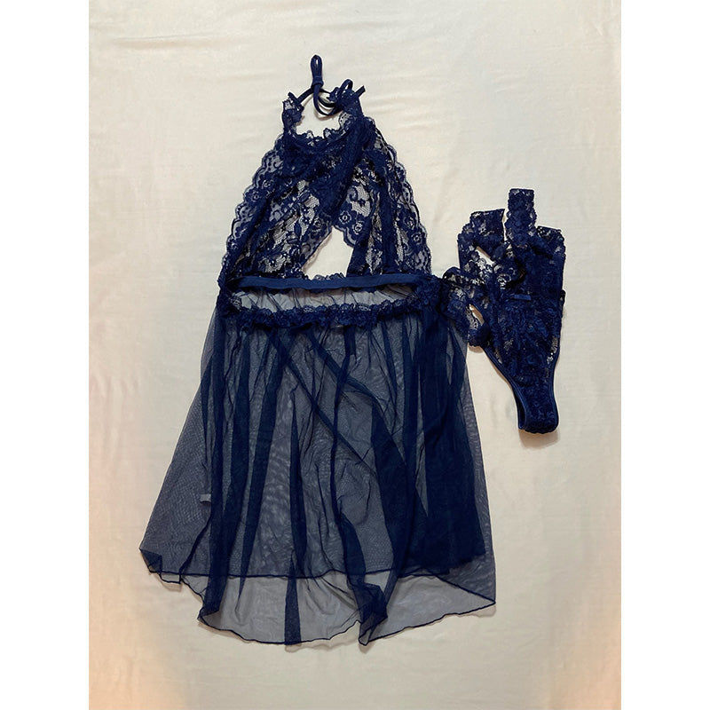 Dreamgirl Stretch Lace and Mesh Babydoll Navy One Size