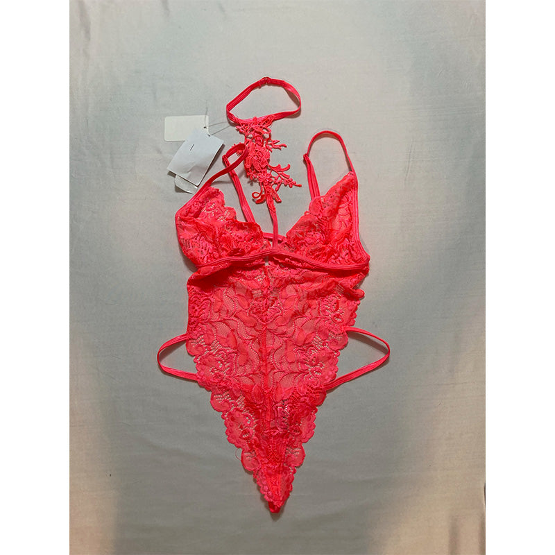 Dreamgirl Stretch Galloon Lace Choker Teddy with Venise Neckline Coral One Size