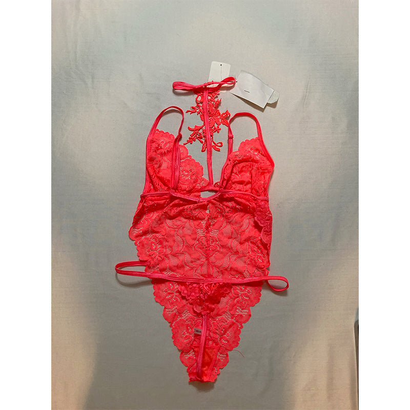 Dreamgirl Stretch Galloon Lace Choker Teddy with Venise Neckline Coral One Size