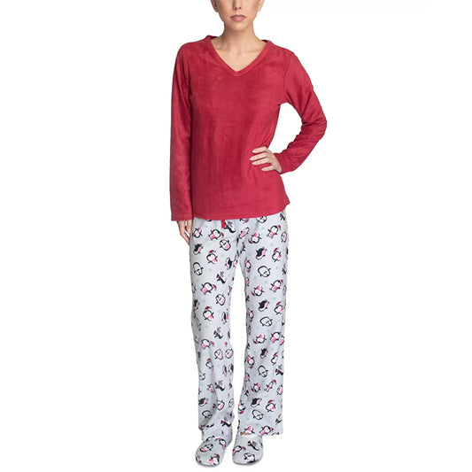 Goodnight Kiss Printed Faux Fur Slippers Pajama Set Red XL