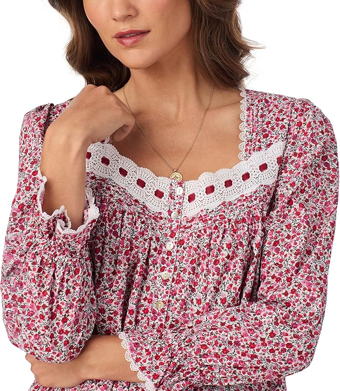 EILEEN WEST Cotton Lawn Ballet Long Sleeve Nightgown WHITE GROUND HOLIDAY M