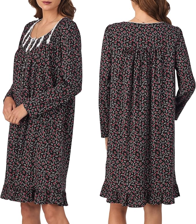 EILEEN WEST Long Sleeve Short Nightgown BLACK