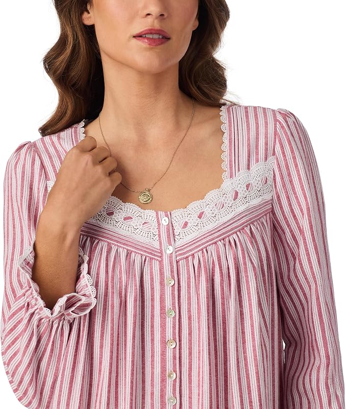 EILEEN WEST Cotton Long Sleeve Waltz Nightgown PINK CANDYCANE S