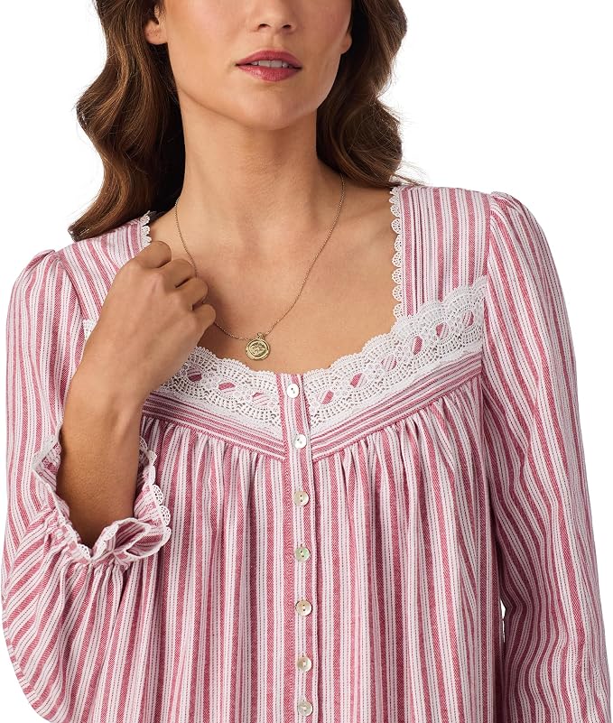 EILEEN WEST Cotton Flannel Long Sleeve Nightgowns PINK CANDYCANE L