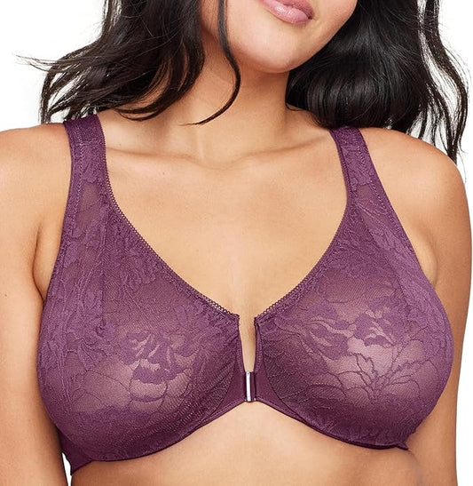 GLAMORISE Plus Size Lacey T-Back Wonderwire Bra Underwire PURPLE 46DD