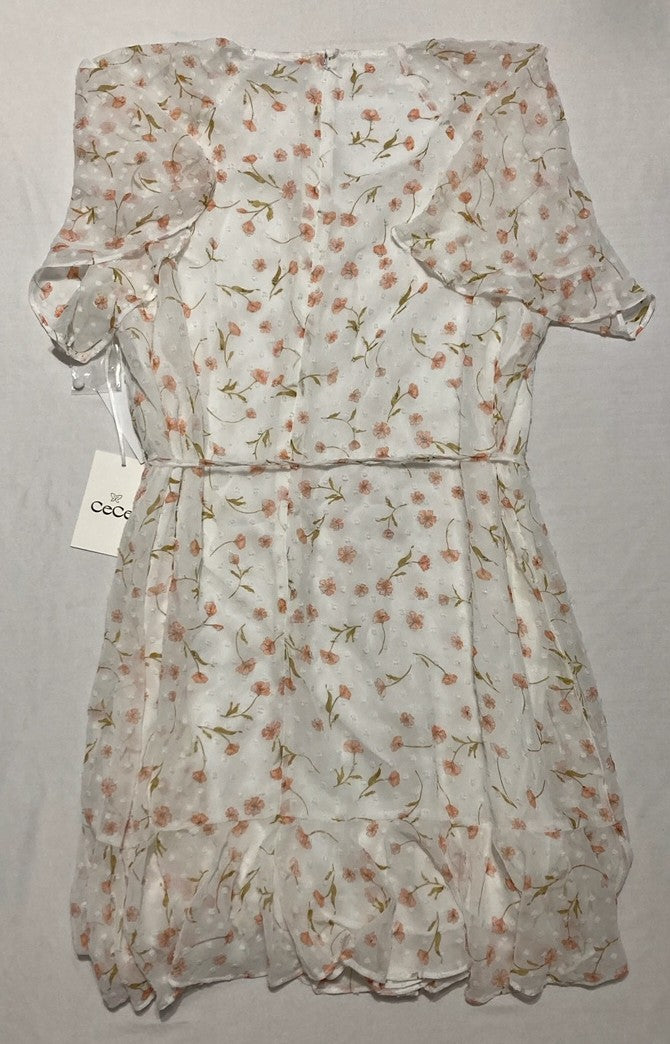 CECE Smocked Waist Short Flutter-Sleeve Dress FLORAL L