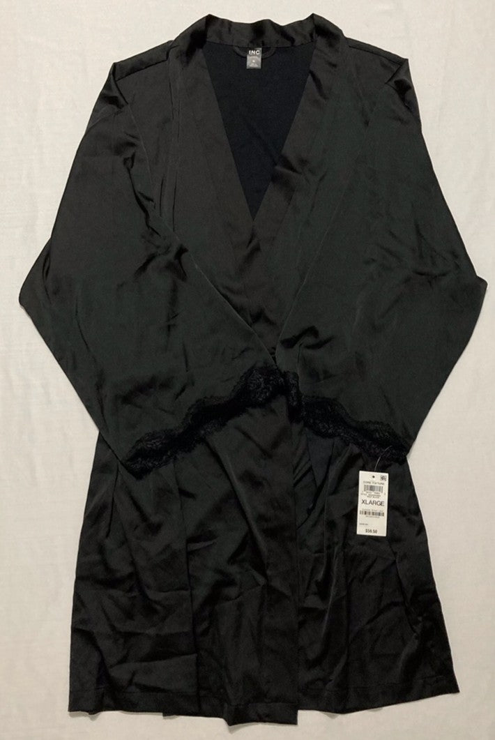 INC Lace-Trim Stretch Satin Robe BLACK XL