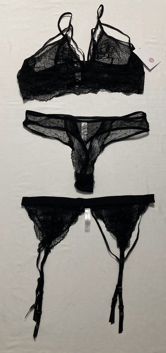 ICOLLECTION Everly Dot Mesh & Lace Lingerie Set BLACK XL