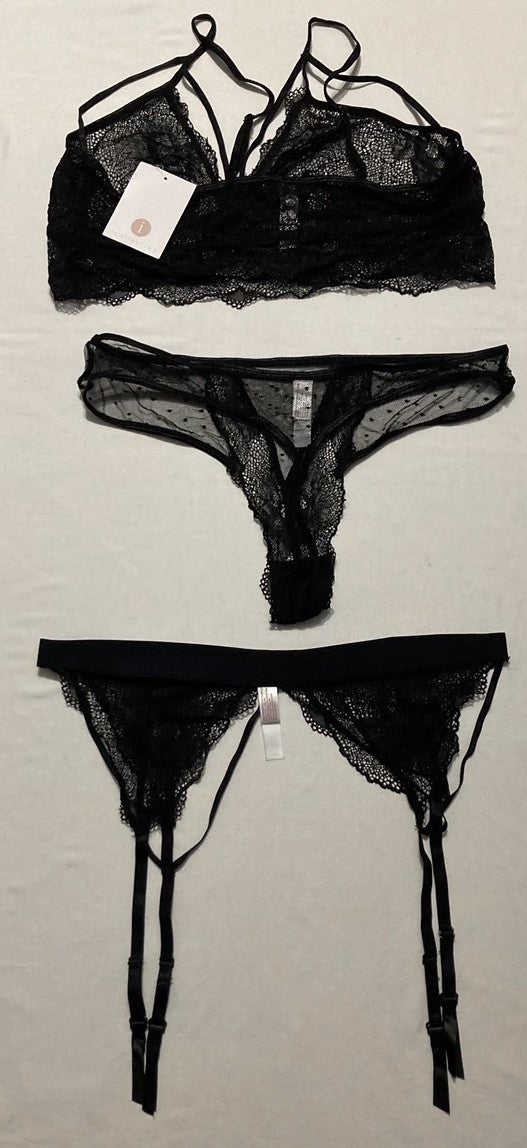 ICOLLECTION Everly Dot Mesh & Lace Lingerie Set BLACK XL