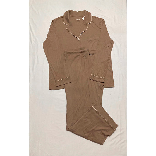 State of Day Women's Ribbed Notched-Collar Pajamas Set Deep BROWN L